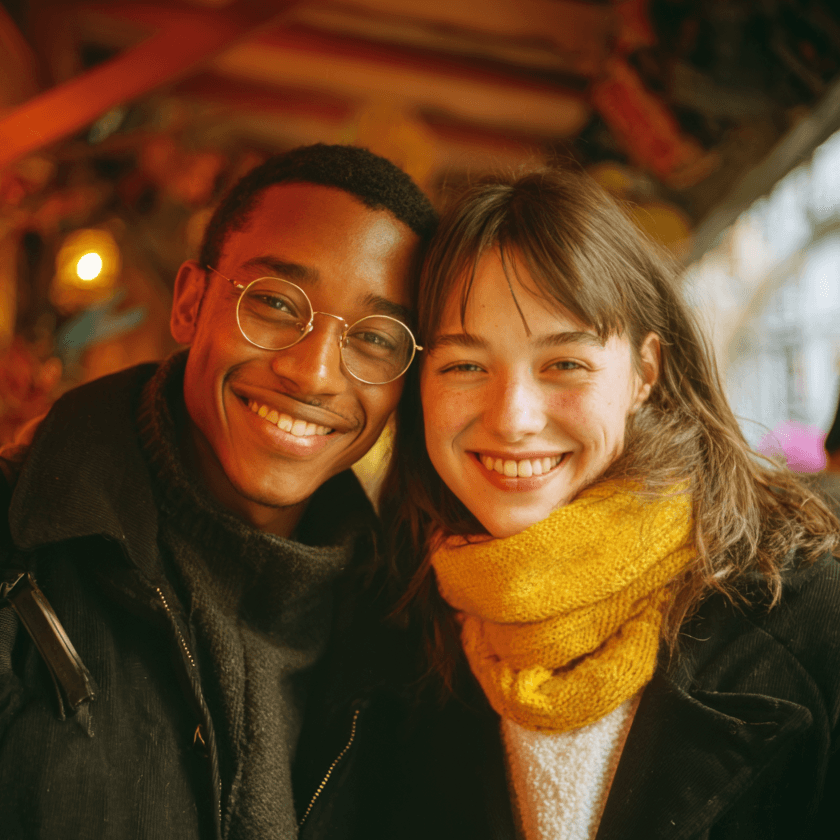 Happy couple with mobile phone showing telegram chat